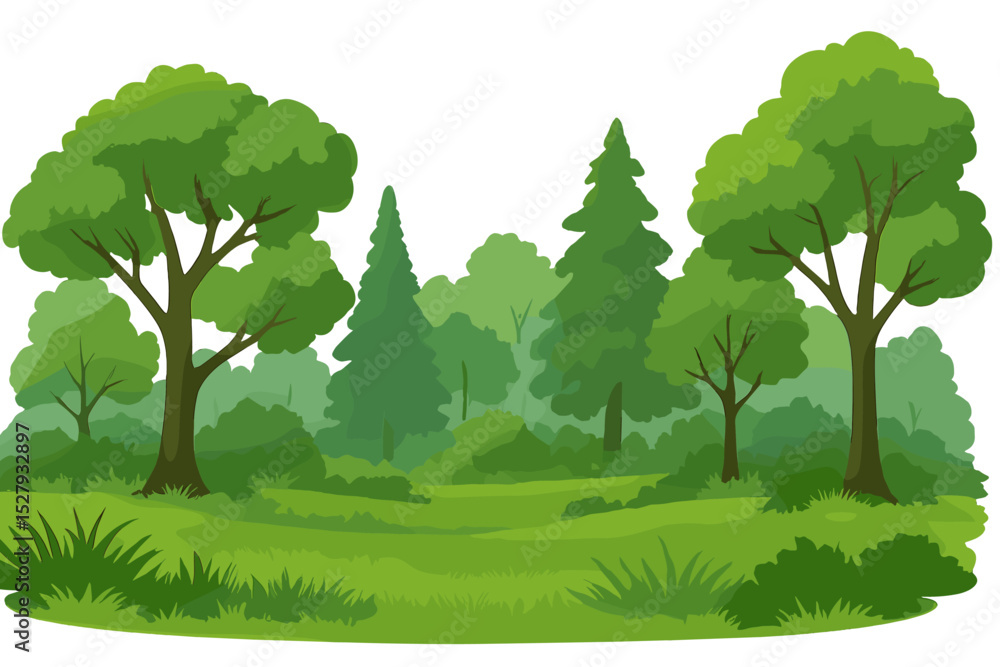 Naklejka premium Cartoon green forest landscape vector illustration icon with trees and bushes