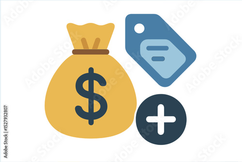 Yellow money bag with dollar sign and a blue price tag cartoon vector icon