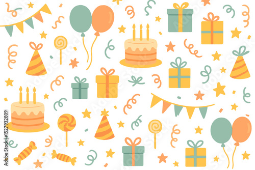 Colorful birthday party celebration pattern featuring balloons, gifts, cake, party hats, streamers, and stars vector illustration