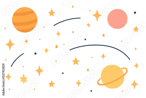 Cartoon vector background illustrating planets, stars, and interstellar dust against a white backdrop