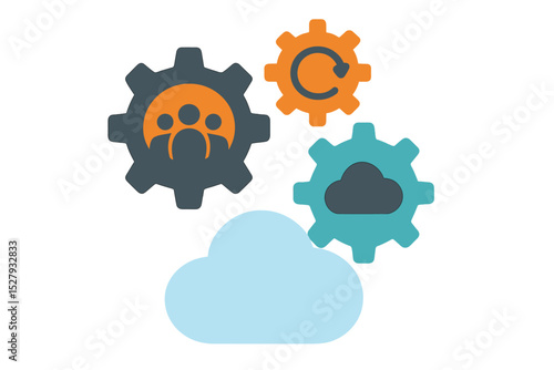 Cartoon gears representing cloud computing, team management, and software updates on isolated background