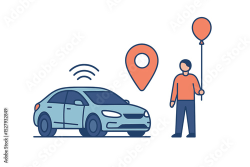 Cartoon vector illustration icon of autonomous vehicle, location pin, and person holding balloon isolated on white background