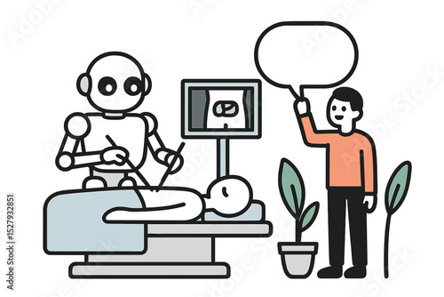 Robot surgeon performing surgery on patient with doctor present in operating room, vector illustration