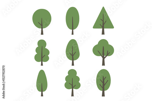 Assorted trees vector art presenting different crown shapes and isolated on a white background
