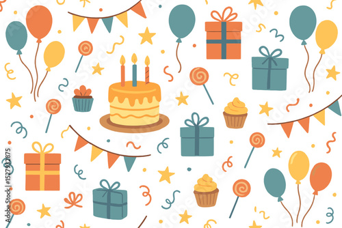 Repeating pattern featuring birthday cake, gifts, balloons, and confetti