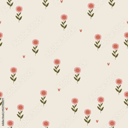 Seamless pattern with cute pink flowers and hearts.Vector illustrtion with hand drawn flowers.	
