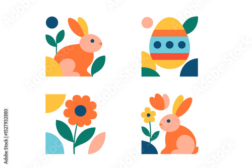 Easter themed vector icon set featuring bunnies, flowers, and an egg isolated on white