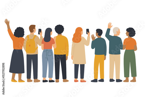Group of diverse people facing forward waving hands and holding phones in a cartoon vector illustration icon isolated on white