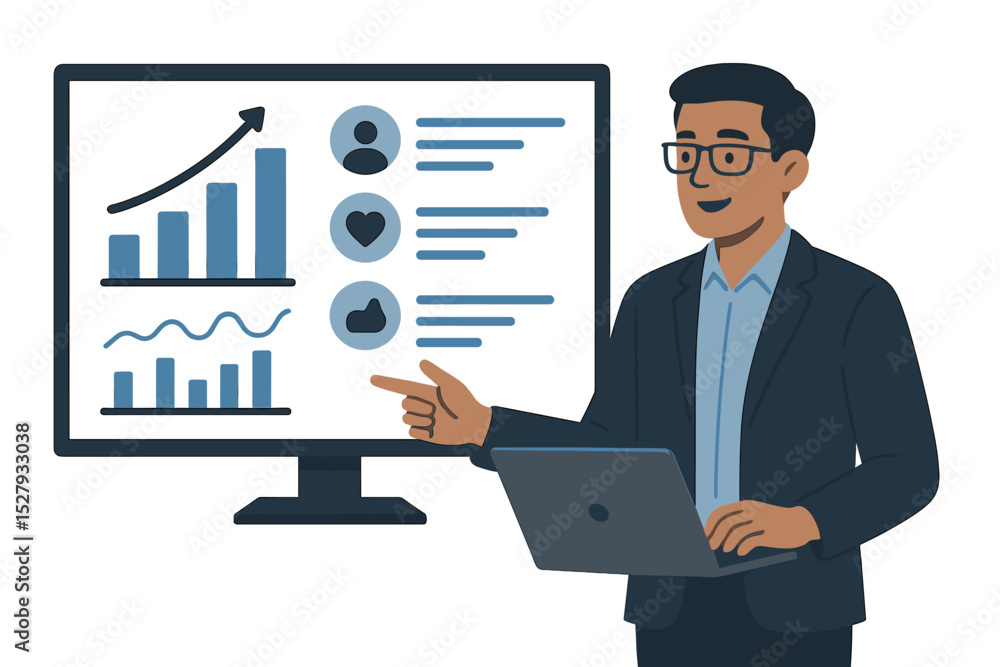 Man presenting data analytics and social media metrics on large computer screen with laptop in hand Man presenting data analytics and social media metrics on large computer screen with laptop in hand