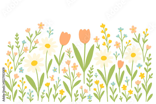 Spring meadow with daisies and tulips cartoon vector illustration icon isolated