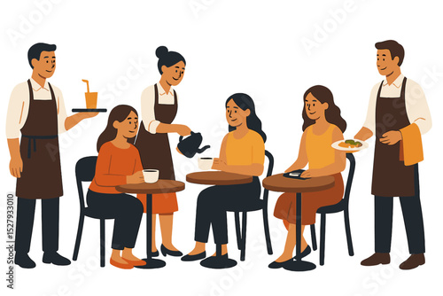 Vector illustration of waiters serving beverages and food to happy customers at outdoor tables in a Cafe