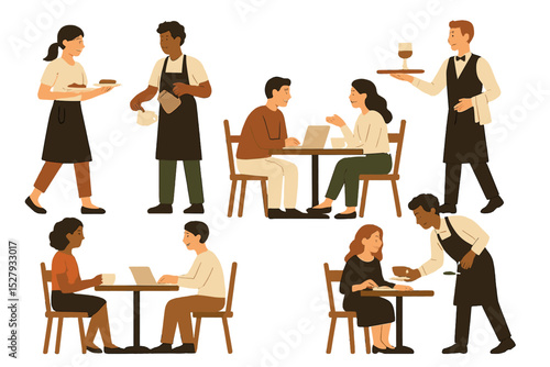 People enjoying food and drinks at a cafe while being served by waitstaff in a vector illustration