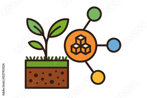 Plant growth from soil shown alongside nutrient molecule diagram as a colorful vector icon