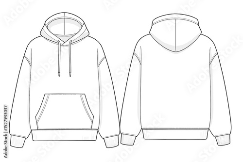 White hoodie fashion flat sketch shows front and back views for technical drawings