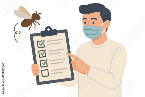 Man in mask shows clipboard with checks and fly buzzing around, cartoon vector icon