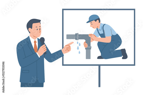 Man presenting about plumbing leak repair with cartoon illustration of Plumber