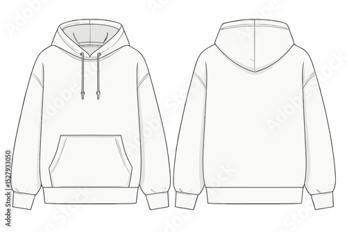 White hoodie technical sketch template, front and back views, design element for fashion and clothing line creation