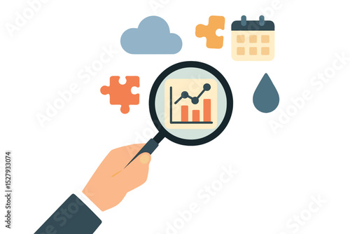 Hand holding magnifying glass inspects business chart data with puzzle, cloud, calendar and drop icons
