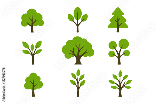 Green vector tree icons representing various types of trees and forest ecosystems isolated on white background