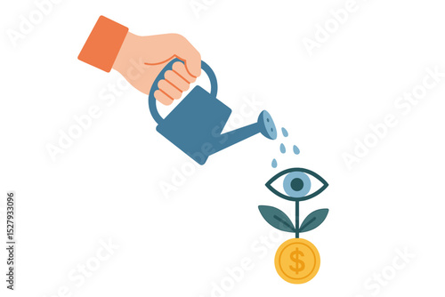 Hand with watering can nourishes a budding eye plant on top of a golden dollar coin, isolated