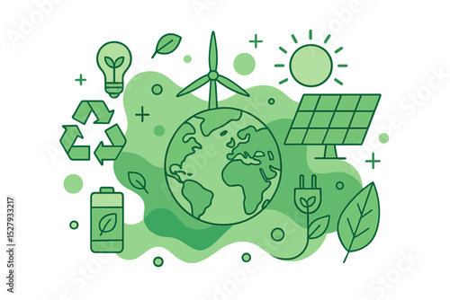 Green energy and sustainability symbols around Earth in a vector illustration