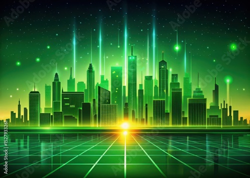 Dark neon green gradient background with futuristic cityscape at sunset
