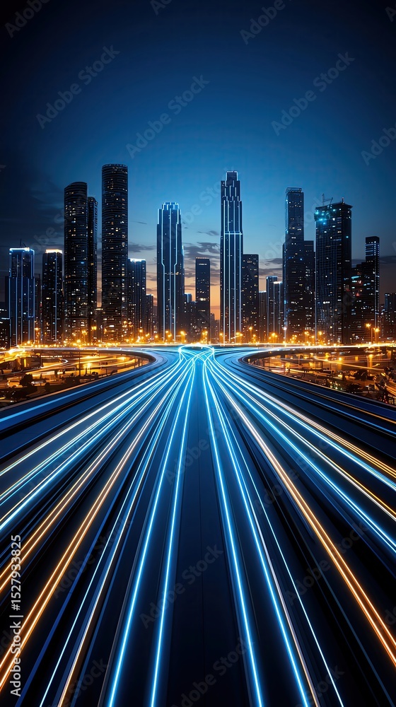 Fototapeta premium city skyline with futuristic neon light trails viewed from a rooftop helipad at night