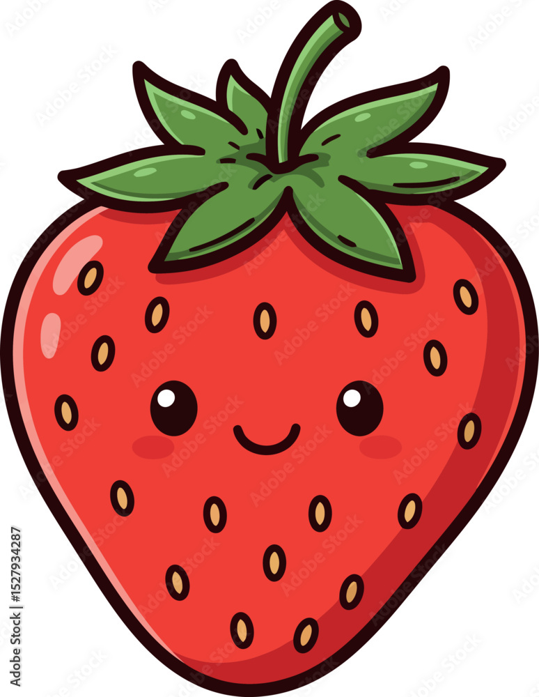 Obraz premium Cartoon Strawberry Clipart – Cute Red Berry Fruit Illustration with Green Leaves for Kids, Food, and Summer Designs
