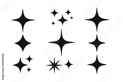 Black sparkling star collection vector icon isolated on white background illustration