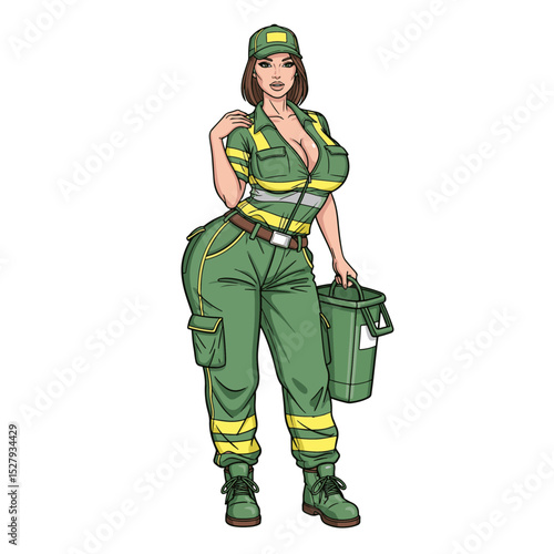 Firefighter in green uniform holding a bucket ready for action under bright sunlight
