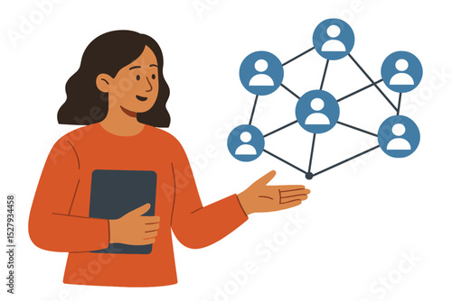 Woman presenting social network in cartoon vector illustration icon isolated on white background