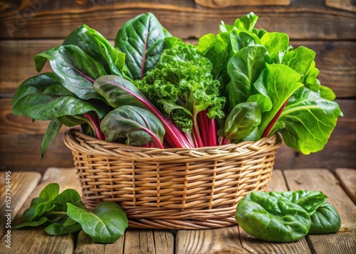 Fresh bunch of Swiss chard with green leafy vegetables arranged in a basket