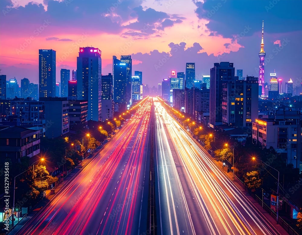 Fototapeta premium City highway at twilight, vibrant light trails