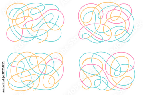 Colorful lines tangle vector illustration set, abstract design shapes on white background