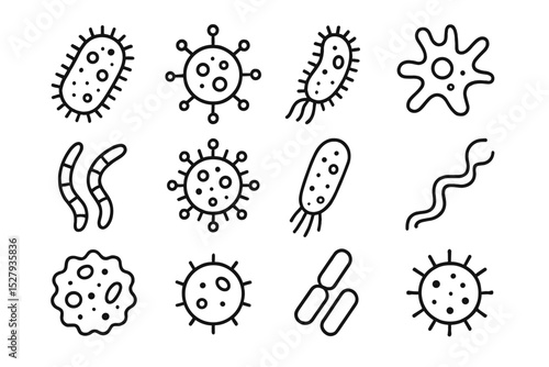 Collection of cartoon microorganisms in simple vector outline illustration style isolated on white background