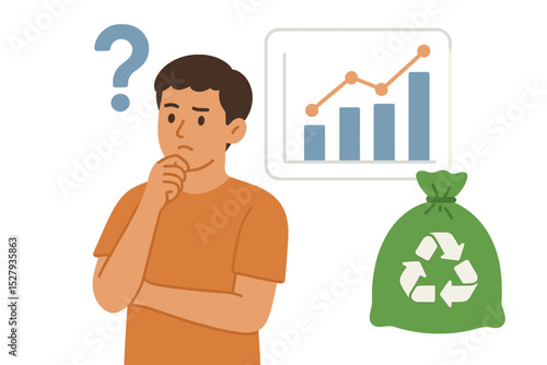 Man considers increasing graph with recycle bag, shows question marks and thinking action