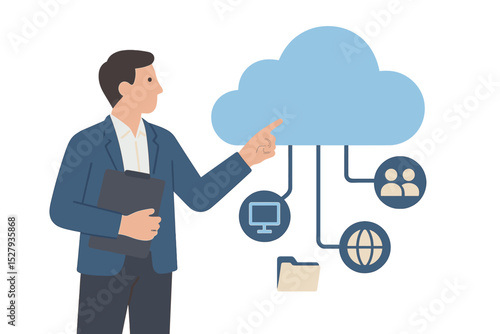 Businessman discussing cloud services connecting people, computer, folder and globe vector illustration isolated