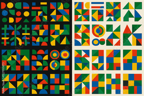 Geometric arrangement featuring colorful shapes and patterns in a structured composition of squares and arrangements