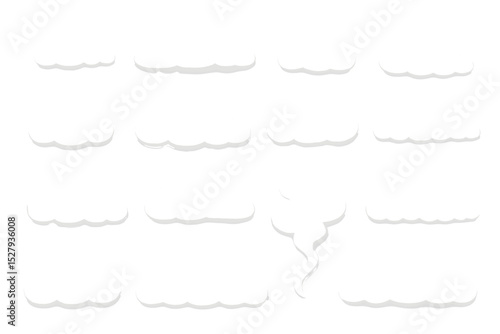 Cartoon vector illustration featuring a collection of twelve isolated white cloud icons with soft shadows on a white background