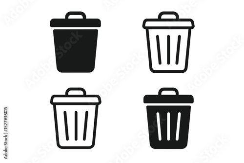 Four different styles of vector trashcan icons illustrating waste disposal and environmental themes
