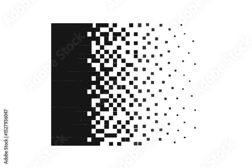Black rectangular shape dissolving into scattered pixels on a white background depicting disintegration