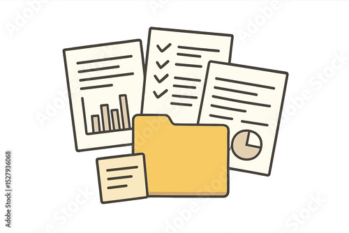 Yellow folder containing documents showing charts and reports isolated on white