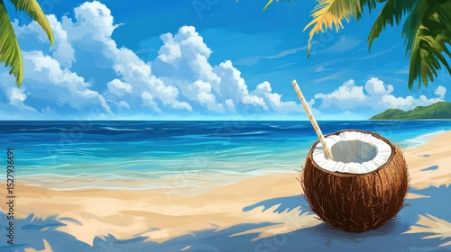 Tropical beach scene with coconut