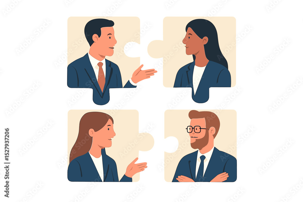 People in business suits talk, puzzles connect, teamwork metaphor, isolated vector illustration People in business suits talk, puzzles connect, teamwork metaphor, isolated vector illustration