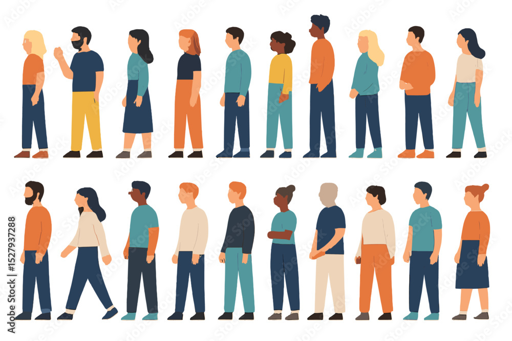 Fototapeta premium Diverse group of people standing and walking in rows, flat vector illustration