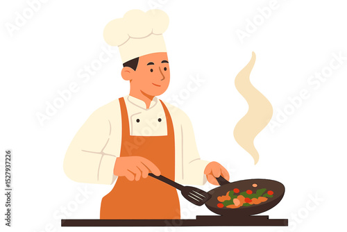Chef cooks food in a frying pan, isolated vector illustration icon