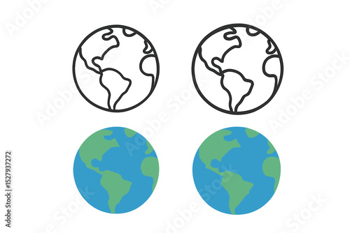 Earth globe graphic icon vector illustration showing continents in two different styles and colors