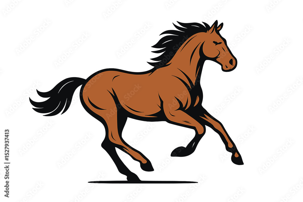 Obraz premium Cartoon brown horse running fast vector illustration icon, isolated on white background, simple flat design
