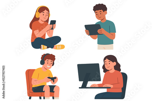 Cartoon depicts young people using different devices like smartphones, tablets, gaming consoles, and computers