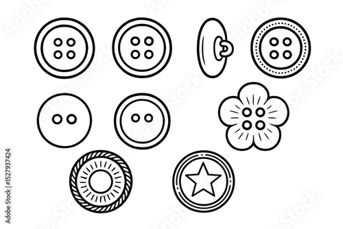 Collection of flat black and white button vector icons, craft and sew supplies, isolated on white background